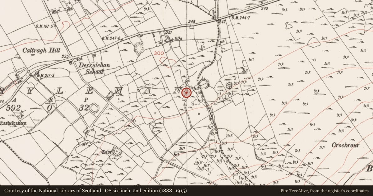 Ordnance Survey six-inch map, 2nd edition (1888–1915) covering the location of Ringfort - cashel, Derrylehan, County Sligo, with a pin at the register's coordinates
