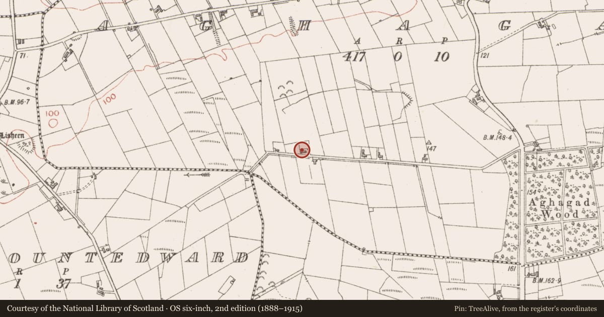 Ordnance Survey six-inch map, 2nd edition (1888–1915) covering the location of Bullaun stone, Aghagad, County Sligo, with a pin at the register's coordinates