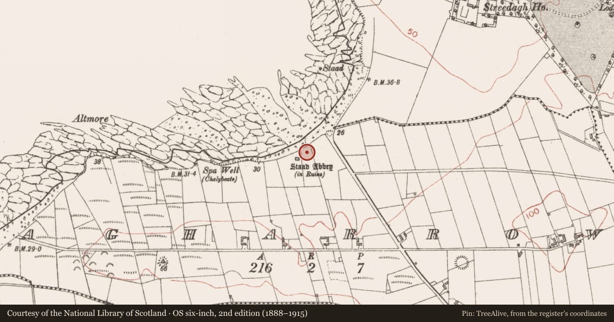 Ordnance Survey six-inch map, 2nd edition (1888–1915) covering the location of Structure - peatland, Agharrow, County Sligo, with a pin at the register's coordinates