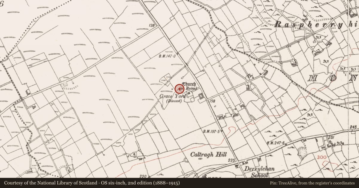 Ordnance Survey six-inch map, 2nd edition (1888–1915) covering the location of Burnt mound, Derrylehan, County Sligo, with a pin at the register's coordinates