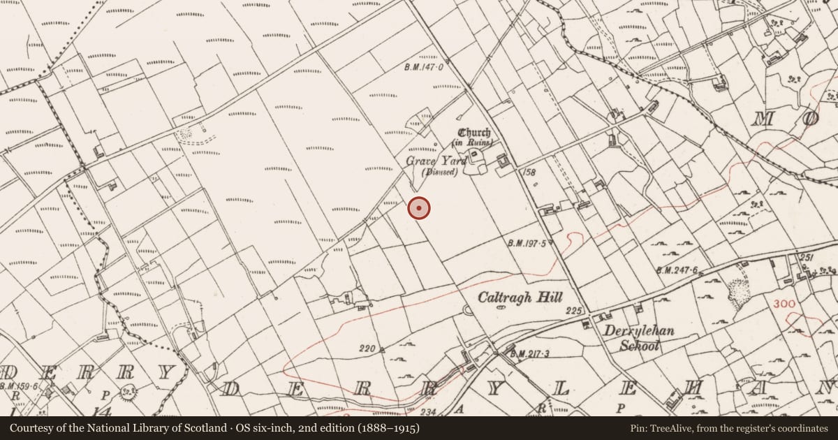 Ordnance Survey six-inch map, 2nd edition (1888–1915) covering the location of Burnt mound, Derrylehan, County Sligo, with a pin at the register's coordinates
