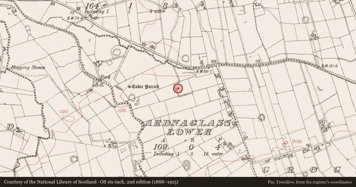 Ordnance Survey six-inch map, 2nd edition (1888–1915) covering the location of Burnt mound, Ardnaglass Lower, County Sligo, with a pin at the register's coordinates