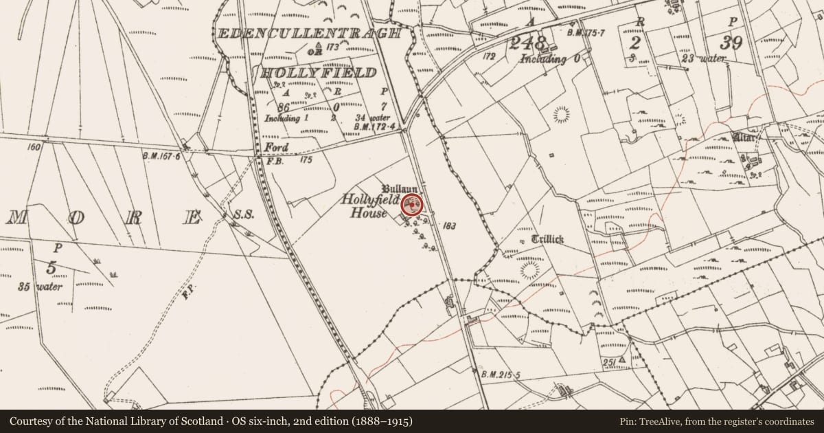 Ordnance Survey six-inch map, 2nd edition (1888–1915) covering the location of Bullaun stone, Edencullentragh Or Hollyfield, County Sligo, with a pin at the register's coordinates