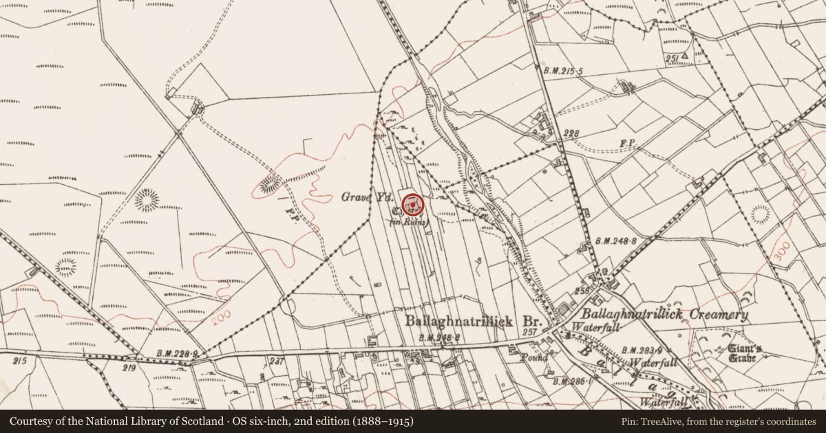 Ordnance Survey six-inch map, 2nd edition (1888–1915) covering the location of Ritual site - holy well, Keeloges, County Sligo, with a pin at the register's coordinates