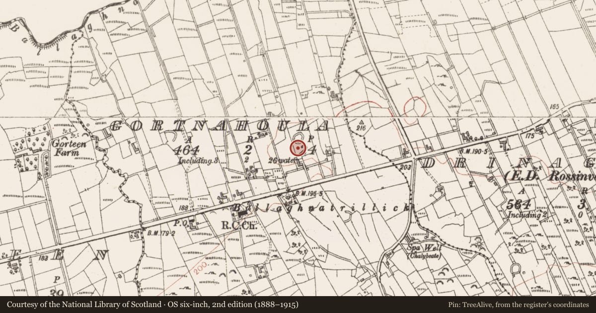 Ordnance Survey six-inch map, 2nd edition (1888–1915) covering the location of Kiln - lime, Gortnahoula, County Sligo, with a pin at the register's coordinates