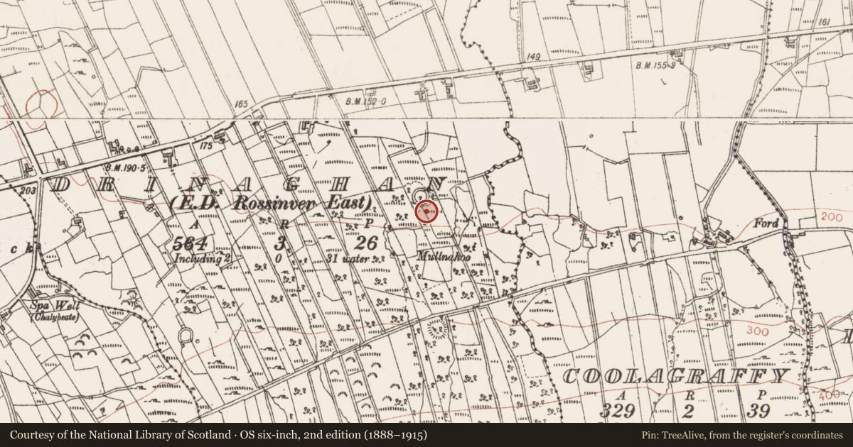 Ordnance Survey six-inch map, 2nd edition (1888–1915) covering the location of Souterrain, Drinaghan, County Sligo, with a pin at the register's coordinates