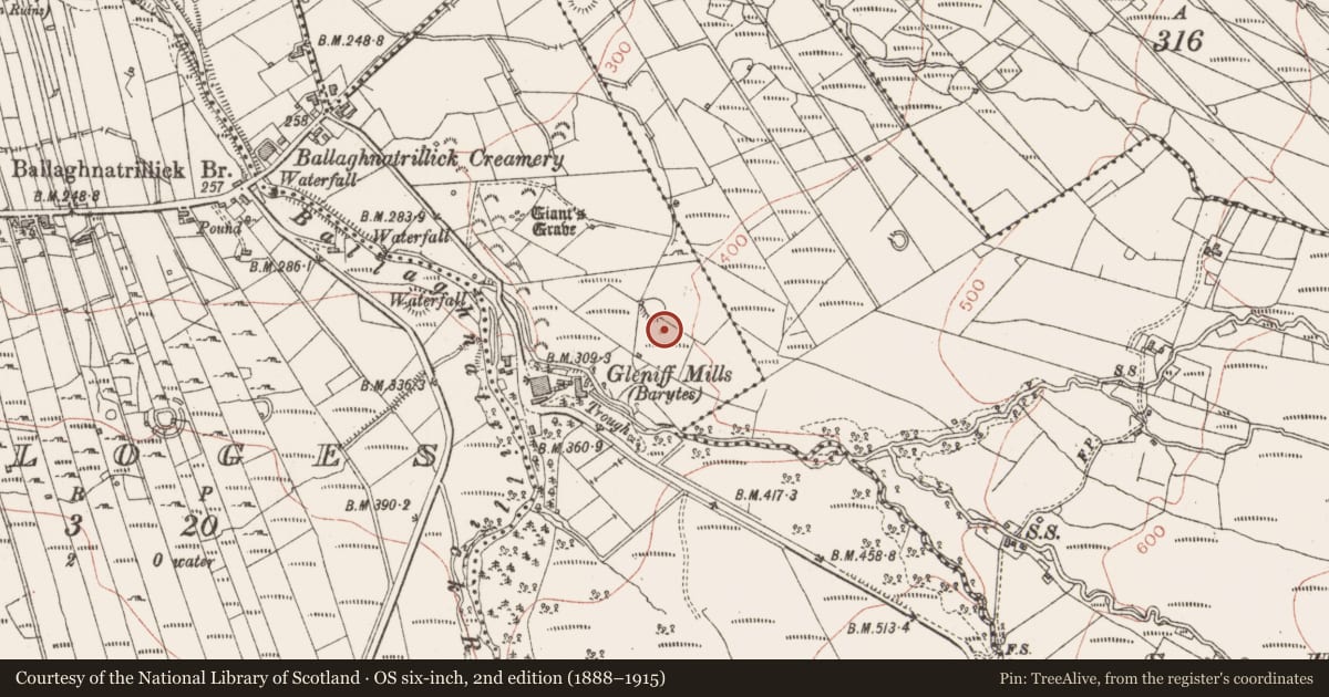 Ordnance Survey six-inch map, 2nd edition (1888–1915) covering the location of Ringfort - cashel, Clogh, County Sligo, with a pin at the register's coordinates