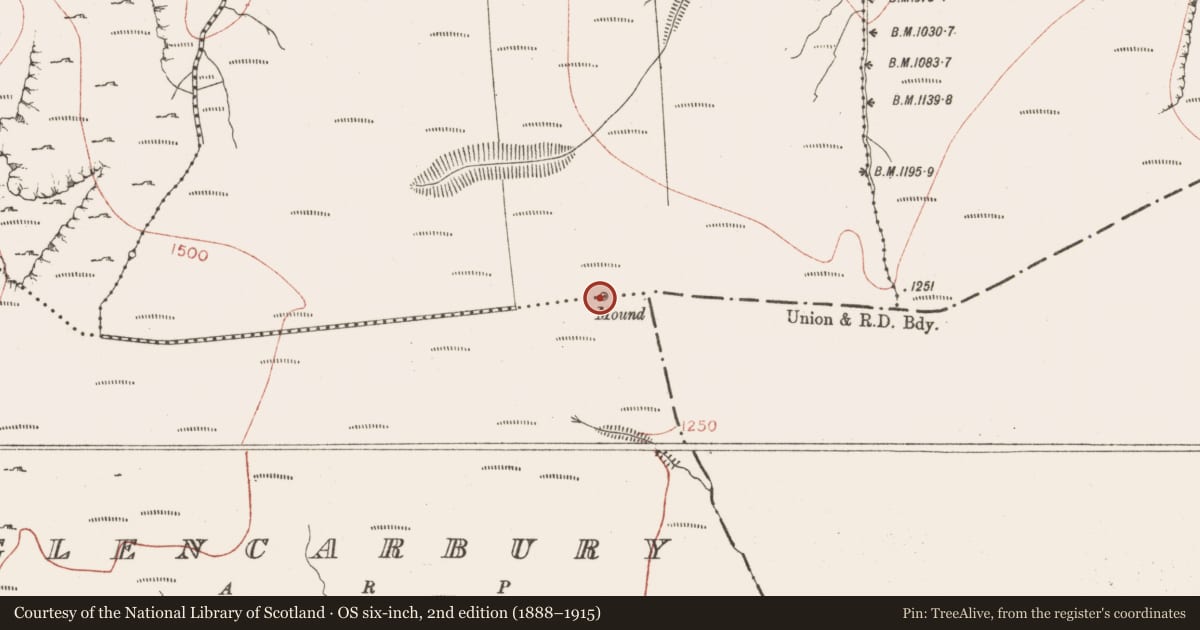 Ordnance Survey six-inch map, 2nd edition (1888–1915) covering the location of Boundary mound, Glencarbury, Oughtagorey, County Sligo, with a pin at the register's coordinates
