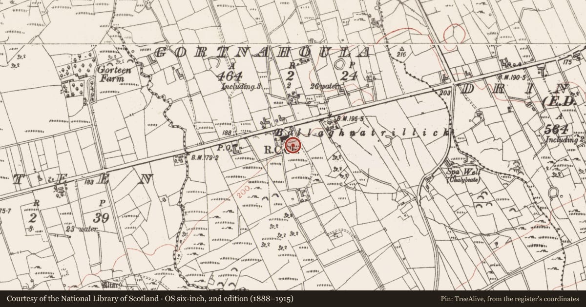 Ordnance Survey six-inch map, 2nd edition (1888–1915) covering the location of Bullaun stone (present location), Gortnahoula, County Sligo, with a pin at the register's coordinates