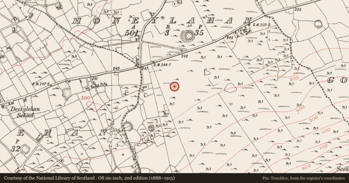 Ordnance Survey six-inch map, 2nd edition (1888–1915) covering the location of Structure, Moneylahan, County Sligo, with a pin at the register's coordinates