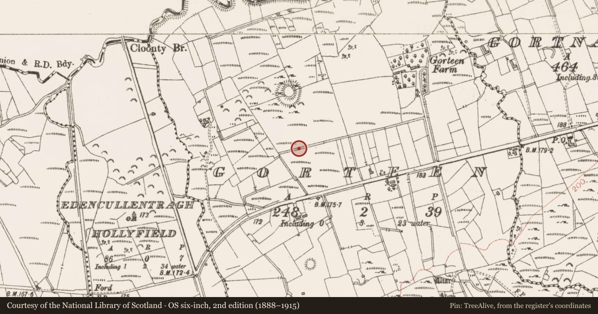Ordnance Survey six-inch map, 2nd edition (1888–1915) covering the location of Field boundary, Gorteen, County Sligo, with a pin at the register's coordinates