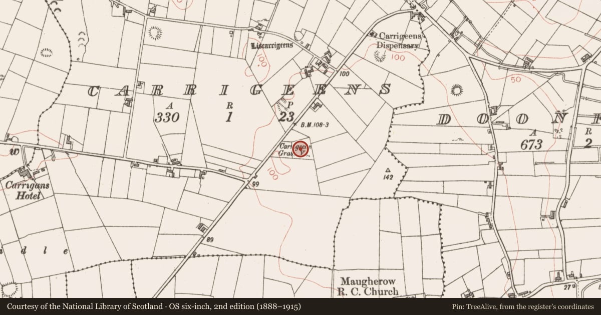 Ordnance Survey six-inch map, 2nd edition (1888–1915) covering the location of Graveyard, Carrigeens, County Sligo, with a pin at the register's coordinates