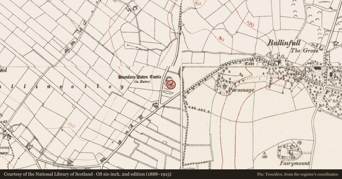 Ordnance Survey six-inch map, 2nd edition (1888–1915) covering the location of Castle - unclassified, Doonfore, County Sligo, with a pin at the register's coordinates