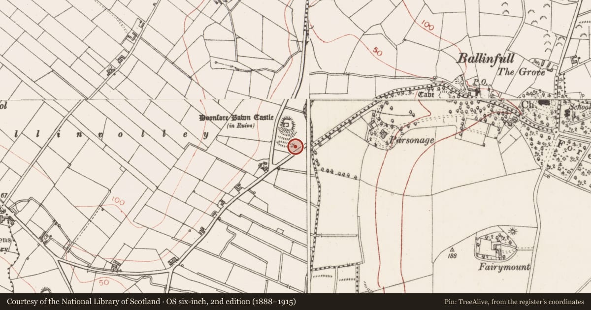 Ordnance Survey six-inch map, 2nd edition (1888–1915) covering the location of Earthwork, Doonfore, County Sligo, with a pin at the register's coordinates