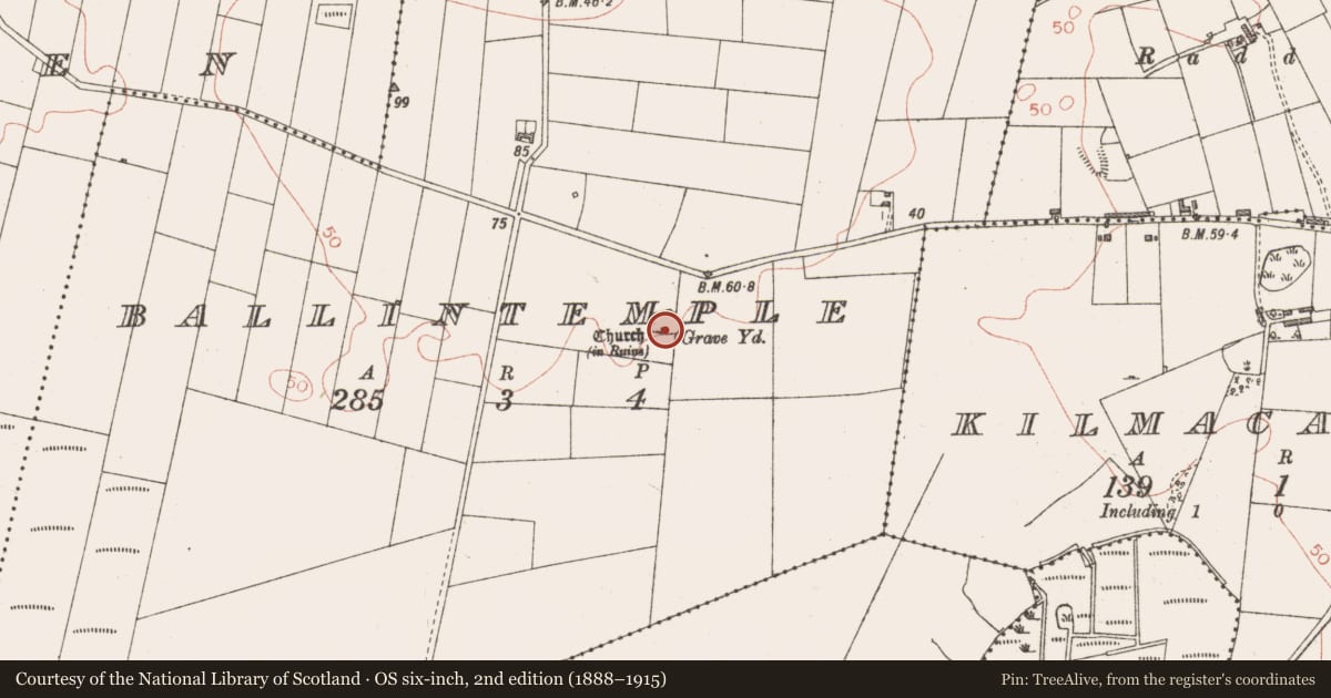 Ordnance Survey six-inch map, 2nd edition (1888–1915) covering the location of Church, Ballintemple, County Sligo, with a pin at the register's coordinates