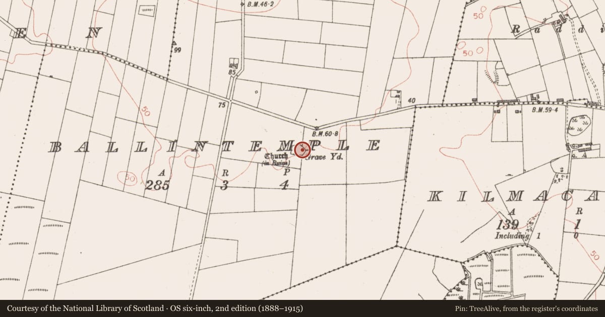 Ordnance Survey six-inch map, 2nd edition (1888–1915) covering the location of Graveyard, Ballintemple, County Sligo, with a pin at the register's coordinates