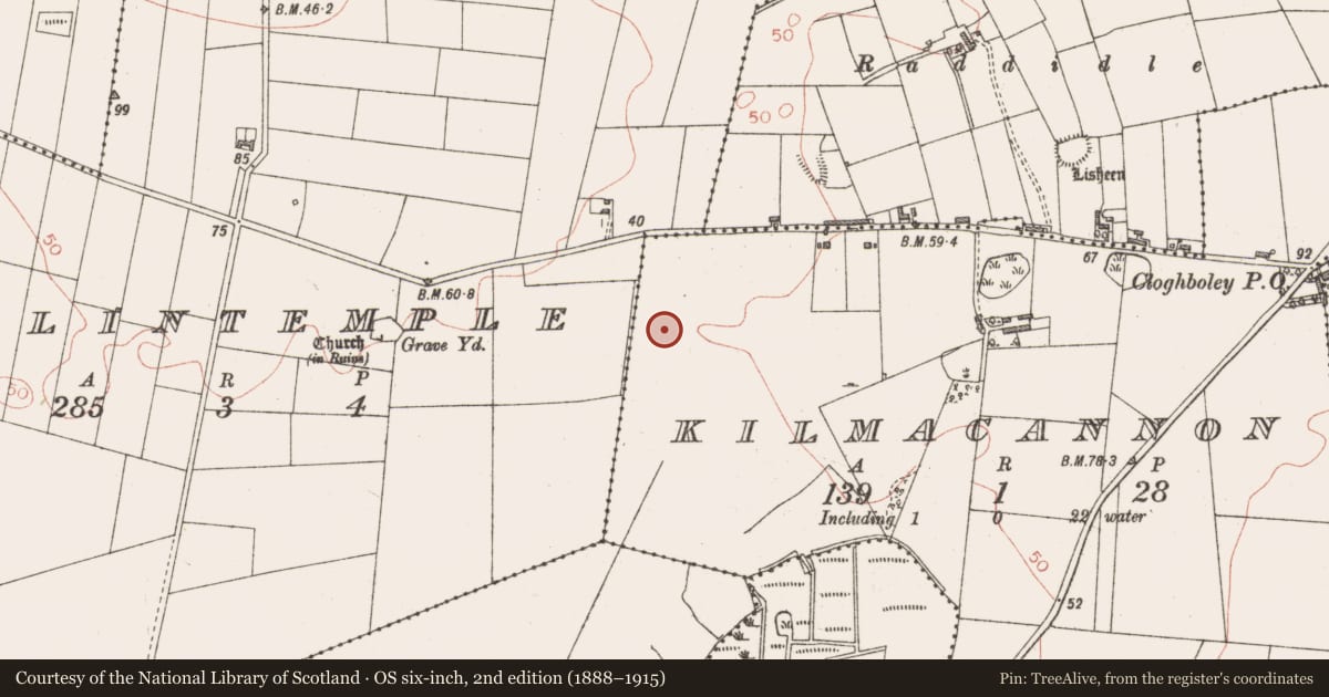 Ordnance Survey six-inch map, 2nd edition (1888–1915) covering the location of Moated site, Kilmacannon, County Sligo, with a pin at the register's coordinates