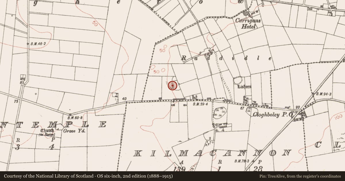 Ordnance Survey six-inch map, 2nd edition (1888–1915) covering the location of Earthwork, Carrigeens, County Sligo, with a pin at the register's coordinates