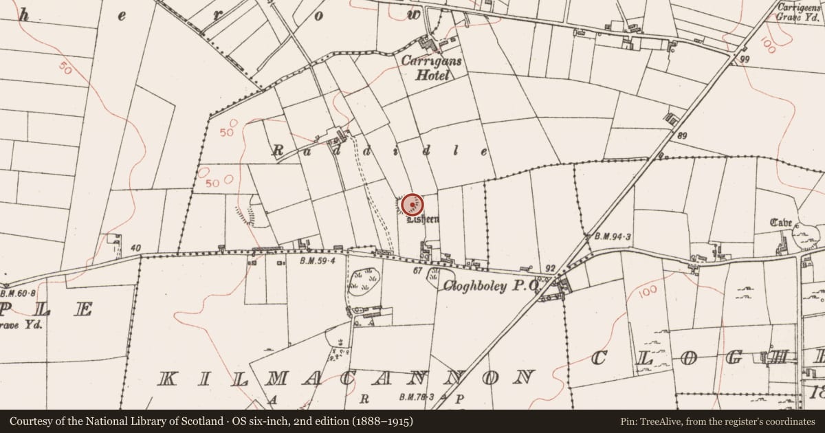 Ordnance Survey six-inch map, 2nd edition (1888–1915) covering the location of Ringfort - rath, Carrigeens, County Sligo, with a pin at the register's coordinates