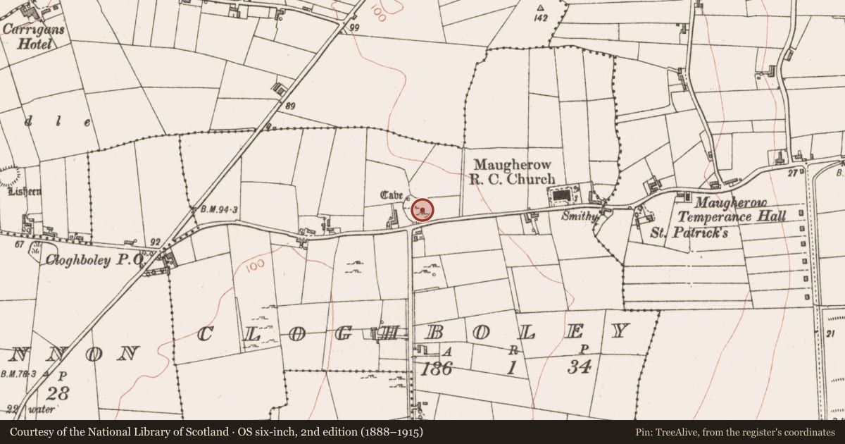 Ordnance Survey six-inch map, 2nd edition (1888–1915) covering the location of Souterrain, Cloghboley, County Sligo, with a pin at the register's coordinates