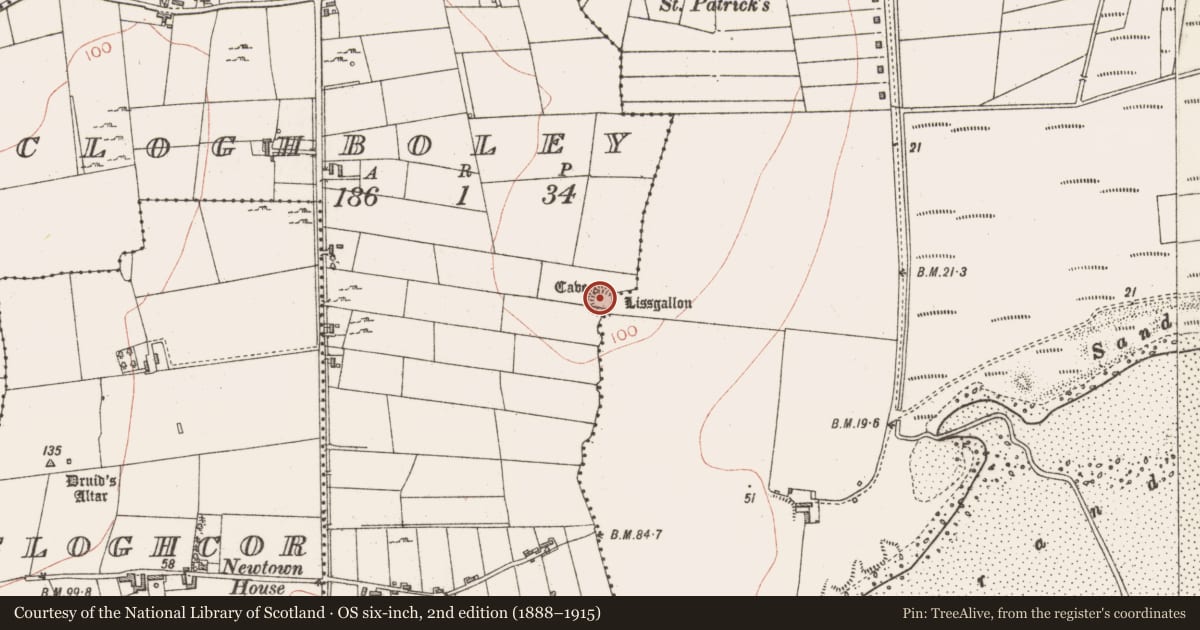 Ordnance Survey six-inch map, 2nd edition (1888–1915) covering the location of Souterrain, Cloghboley, County Sligo, with a pin at the register's coordinates