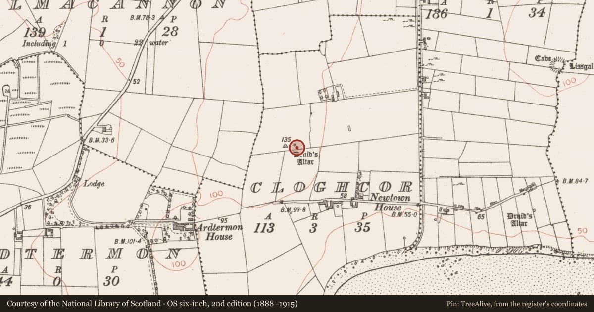 Ordnance Survey six-inch map, 2nd edition (1888–1915) covering the location of Rock art, Cloghcor, County Sligo, with a pin at the register's coordinates