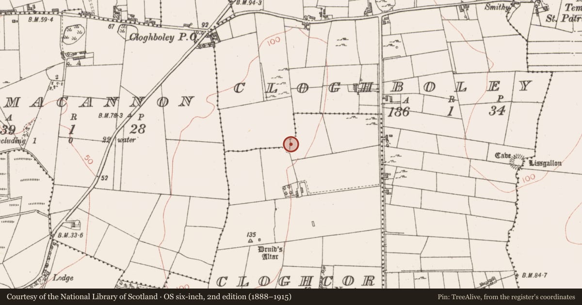 Ordnance Survey six-inch map, 2nd edition (1888–1915) covering the location of Enclosure, Cloghcor, County Sligo, with a pin at the register's coordinates