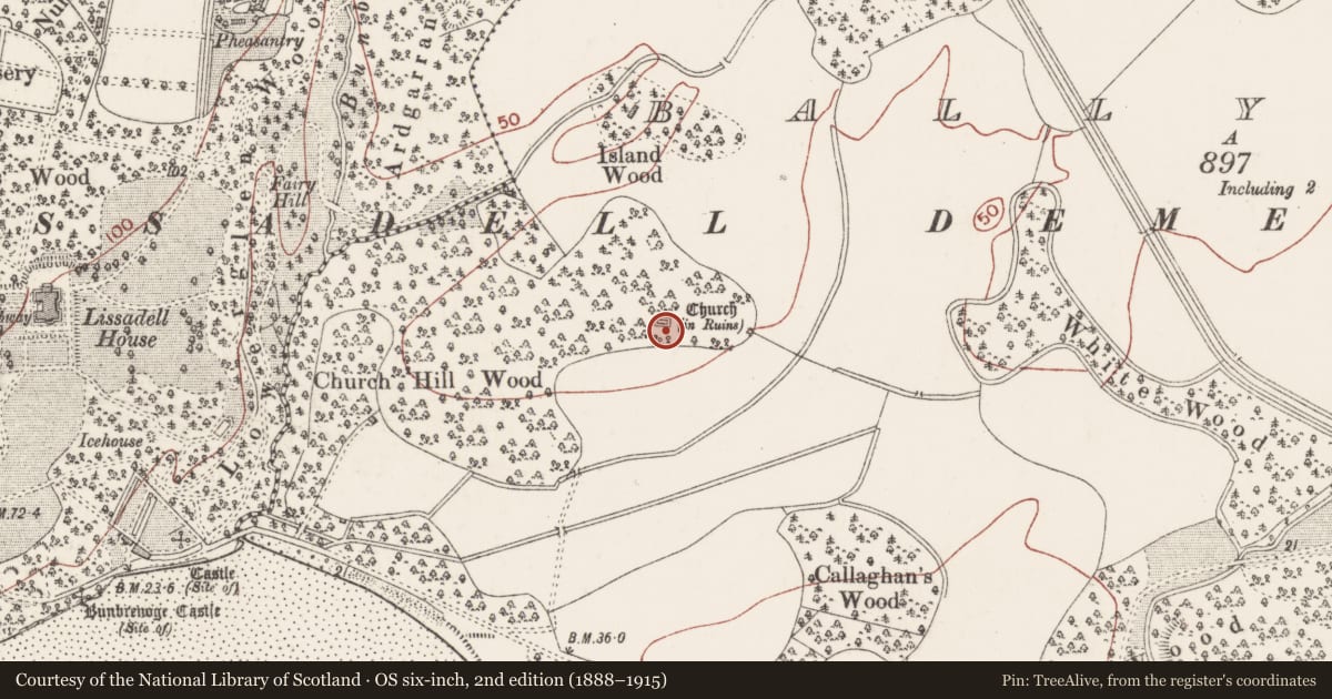 Ordnance Survey six-inch map, 2nd edition (1888–1915) covering the location of Church, Ballygilgan, County Sligo, with a pin at the register's coordinates