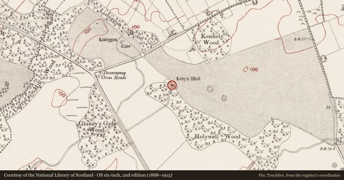 Ordnance Survey six-inch map, 2nd edition (1888–1915) covering the location of Ritual site - holy well, Ballygilgan, County Sligo, with a pin at the register's coordinates