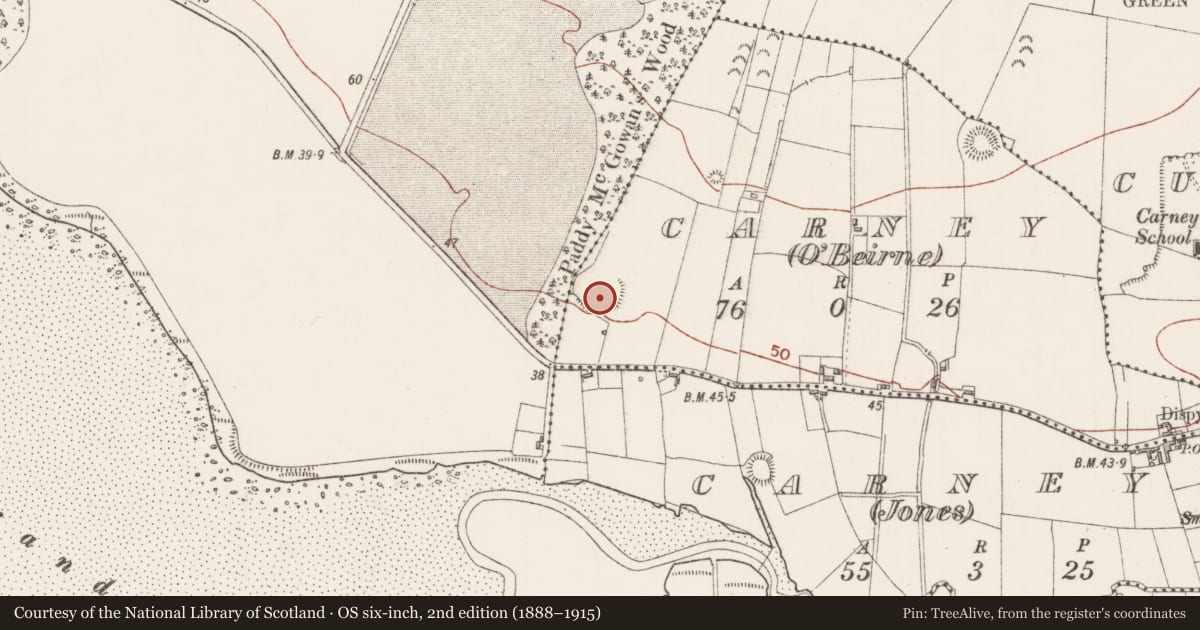 Ordnance Survey six-inch map, 2nd edition (1888–1915) covering the location of Enclosure, Carney (O'Beirne), County Sligo, with a pin at the register's coordinates