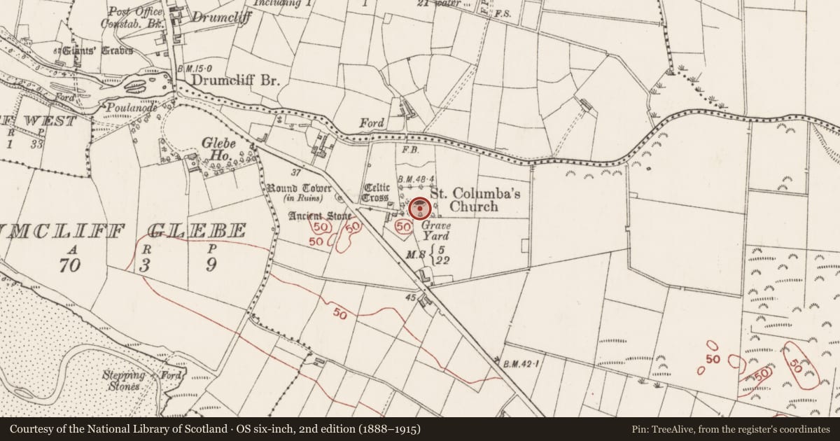 Ordnance Survey six-inch map, 2nd edition (1888–1915) covering the location of Church, Drumcliff South, County Sligo, with a pin at the register's coordinates