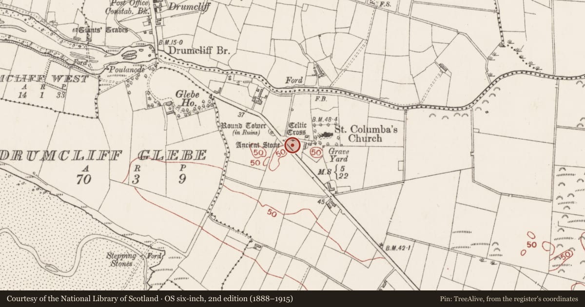 Ordnance Survey six-inch map, 2nd edition (1888–1915) covering the location of Cross - High cross, Drumcliff South, County Sligo, with a pin at the register's coordinates