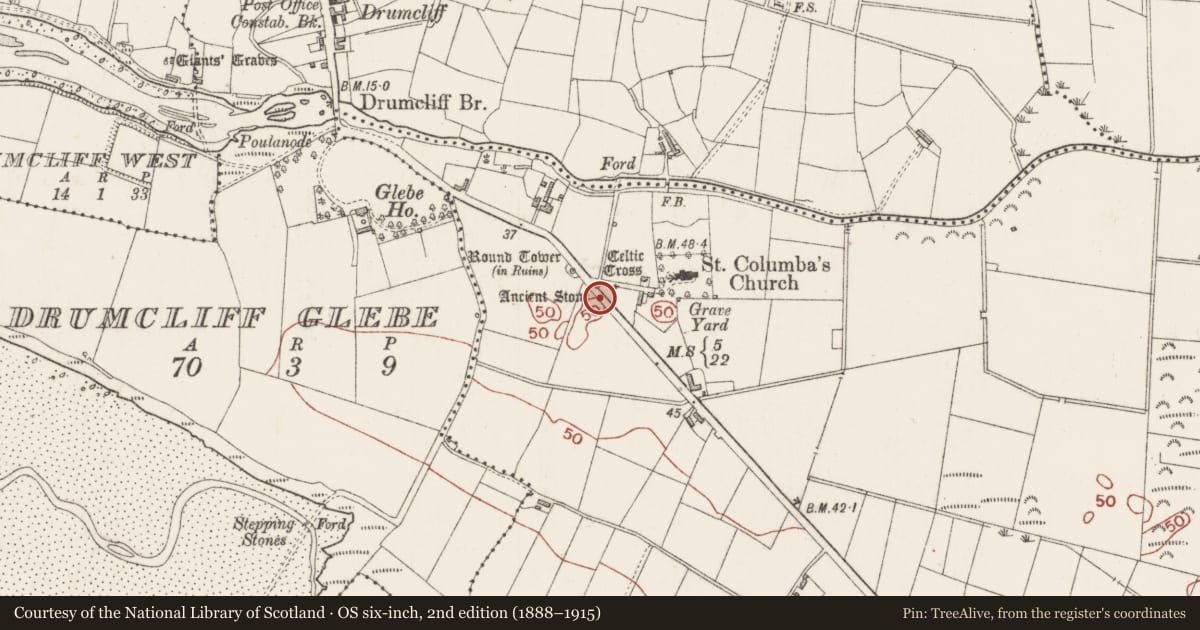 Ordnance Survey six-inch map, 2nd edition (1888–1915) covering the location of Cross, Drumcliff South, County Sligo, with a pin at the register's coordinates
