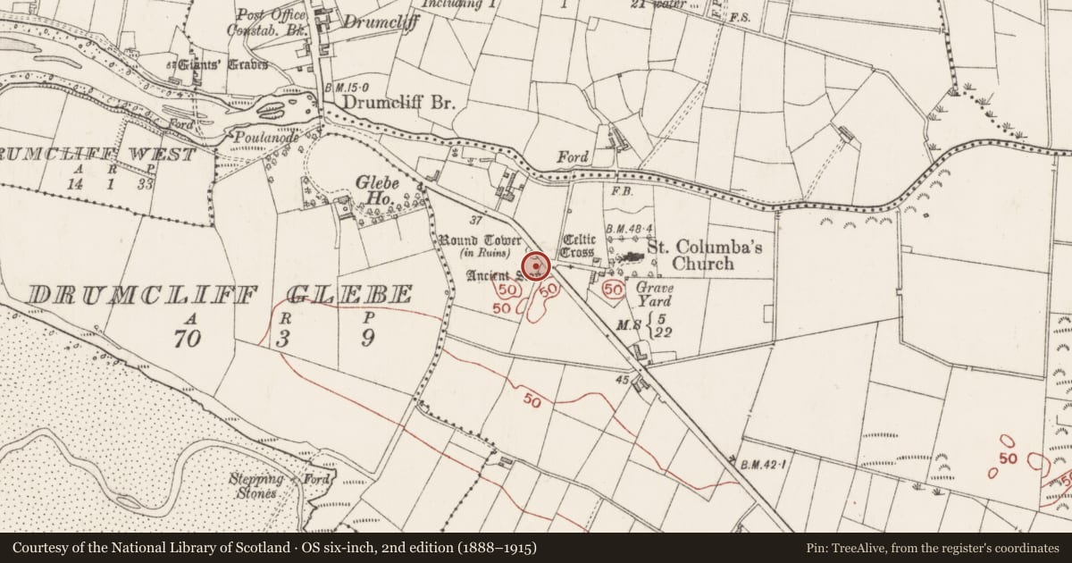 Ordnance Survey six-inch map, 2nd edition (1888–1915) covering the location of Stone sculpture, Drumcliff South, County Sligo, with a pin at the register's coordinates