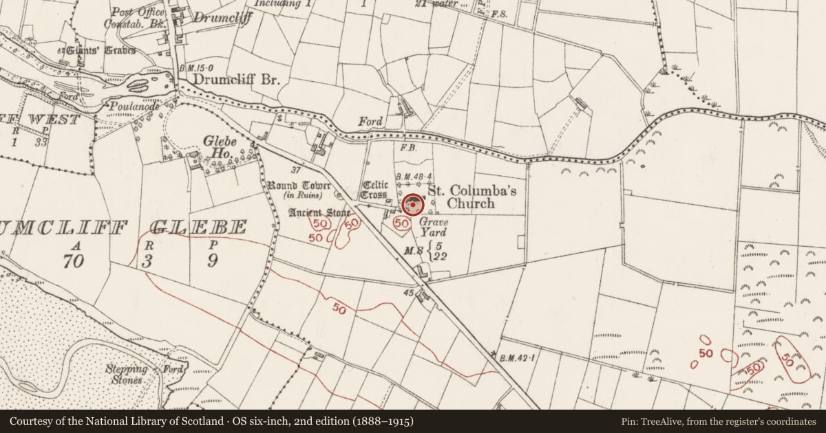 Ordnance Survey six-inch map, 2nd edition (1888–1915) covering the location of Cross - High cross, Drumcliff South, County Sligo, with a pin at the register's coordinates