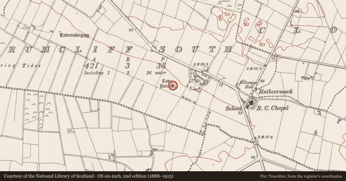 Ordnance Survey six-inch map, 2nd edition (1888–1915) covering the location of Ritual site - holy well, Drumcliff South, County Sligo, with a pin at the register's coordinates