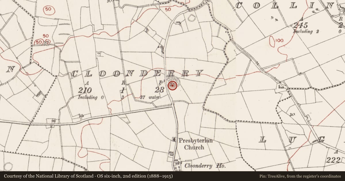 Ordnance Survey six-inch map, 2nd edition (1888–1915) covering the location of Ringfort - rath, Cloonderry, County Sligo, with a pin at the register's coordinates