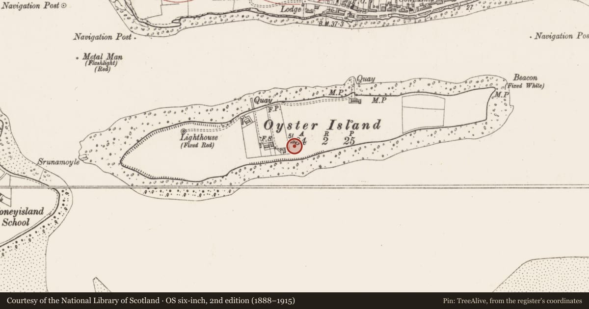 Ordnance Survey six-inch map, 2nd edition (1888–1915) covering the location of Barrow - mound barrow, Oyster Island, County Sligo, with a pin at the register's coordinates