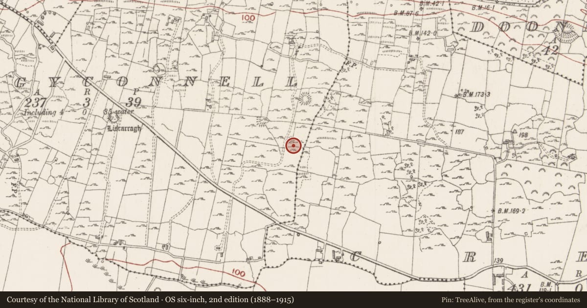 Ordnance Survey six-inch map, 2nd edition (1888–1915) covering the location of Enclosure, Creggyconnell, County Sligo, with a pin at the register's coordinates
