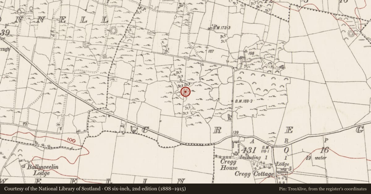 Ordnance Survey six-inch map, 2nd edition (1888–1915) covering the location of Enclosure, Cregg, County Sligo, with a pin at the register's coordinates
