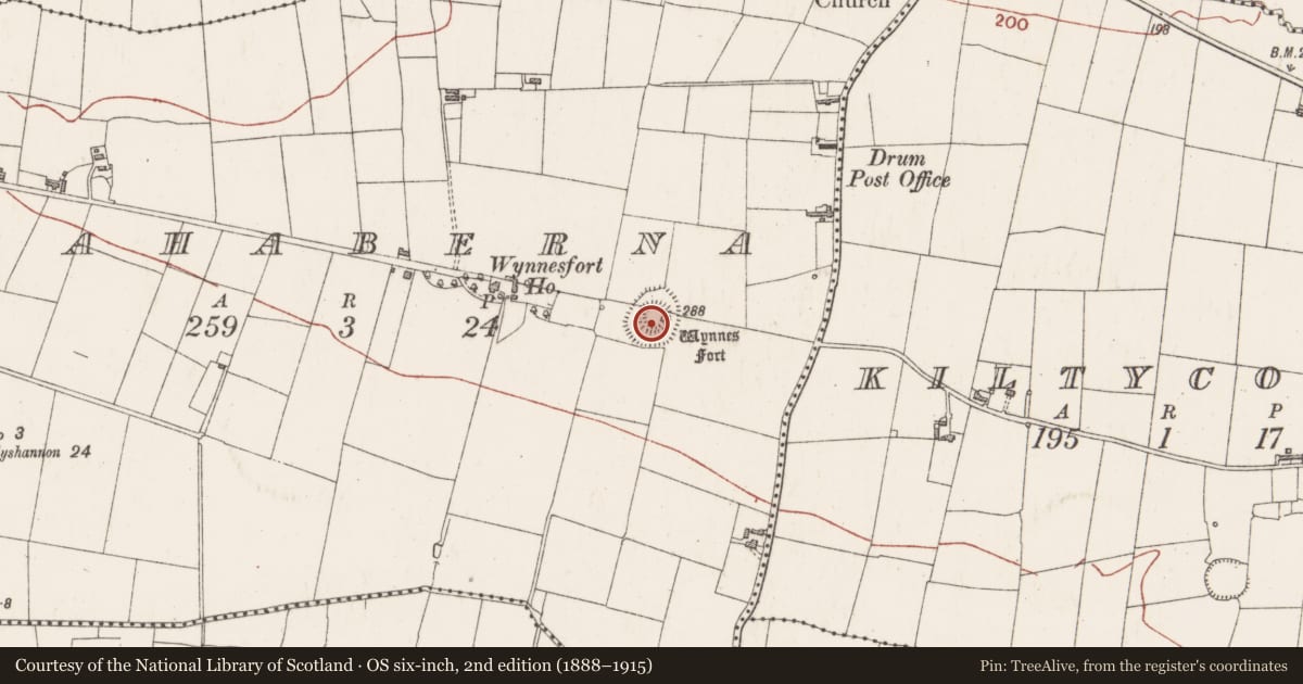Ordnance Survey six-inch map, 2nd edition (1888–1915) covering the location of Ringfort - rath, Rahaberna, County Sligo, with a pin at the register's coordinates