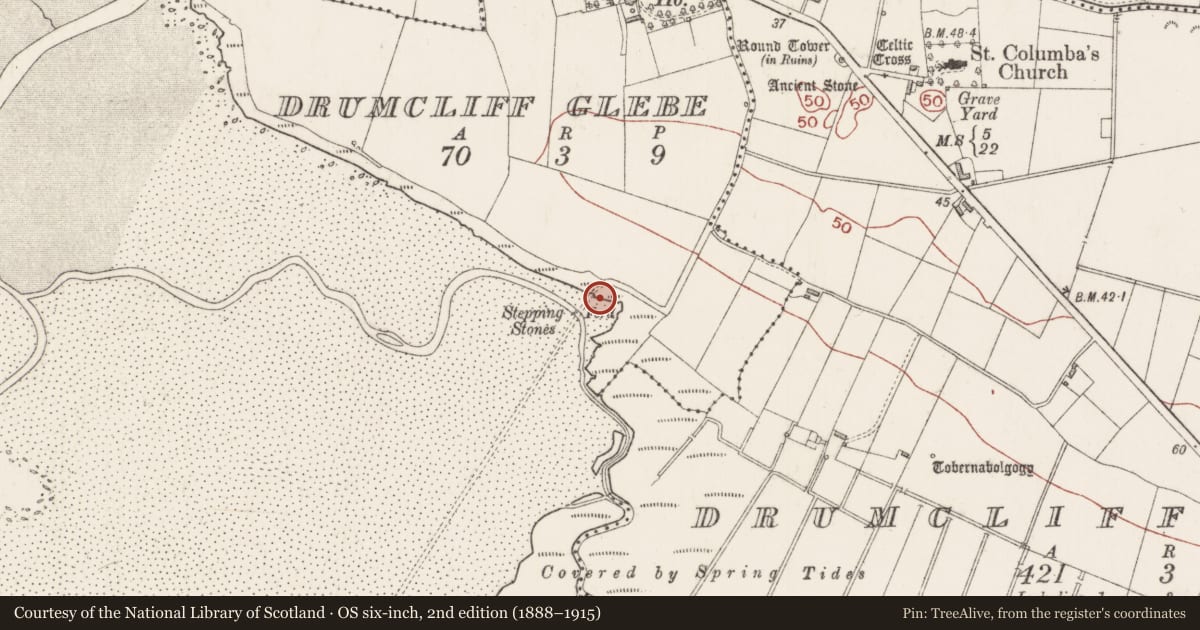 Ordnance Survey six-inch map, 2nd edition (1888–1915) covering the location of Road - road/trackway, Drumcliff Glebe, County Sligo, with a pin at the register's coordinates