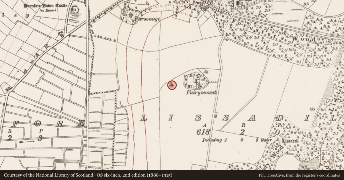 Ordnance Survey six-inch map, 2nd edition (1888–1915) covering the location of Mound, Lissadill, County Sligo, with a pin at the register's coordinates