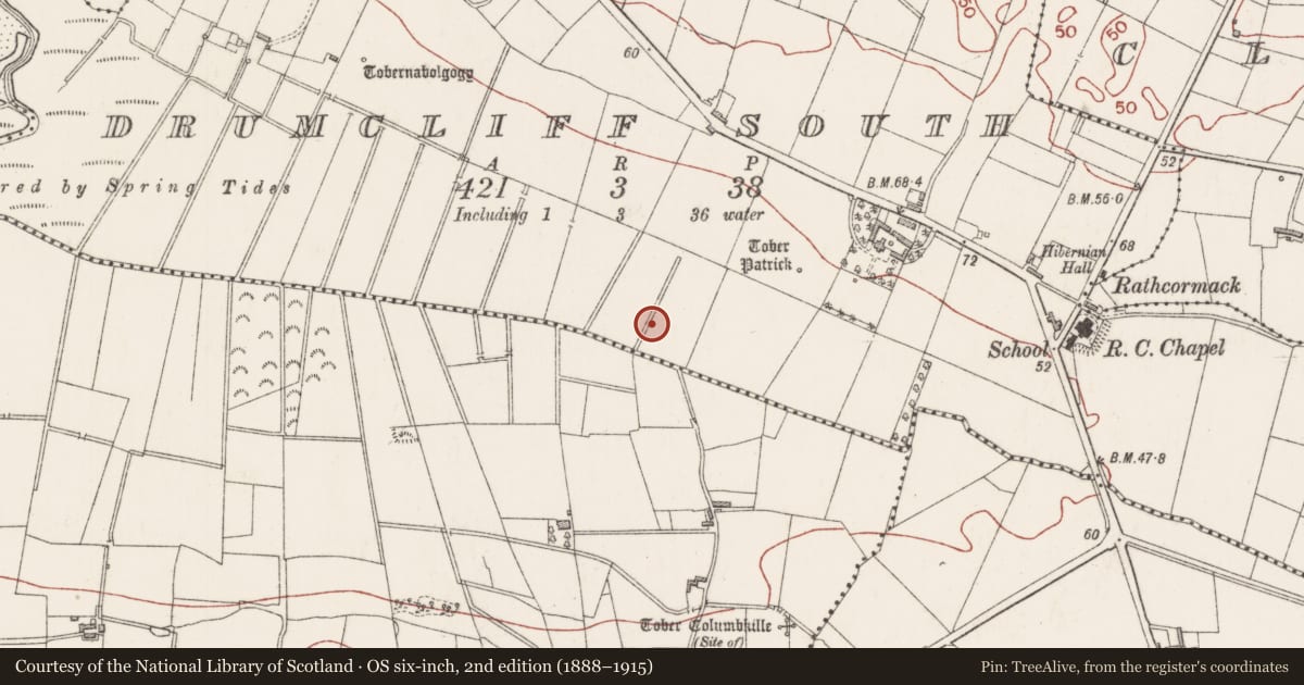 Ordnance Survey six-inch map, 2nd edition (1888–1915) covering the location of Embanked enclosure, Drumcliff South, County Sligo, with a pin at the register's coordinates