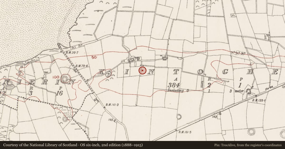 Ordnance Survey six-inch map, 2nd edition (1888–1915) covering the location of Burnt mound, Kintogher, County Sligo, with a pin at the register's coordinates