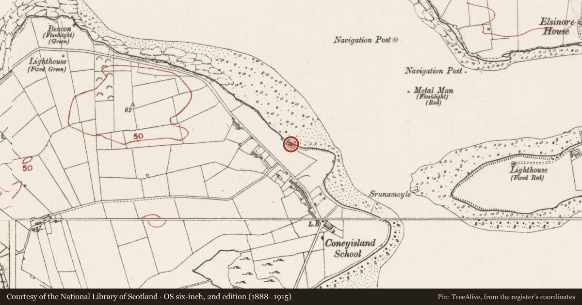 Ordnance Survey six-inch map, 2nd edition (1888–1915) covering the location of Fulacht fia, Inishmulclohy Or Coney Island, County Sligo, with a pin at the register's coordinates