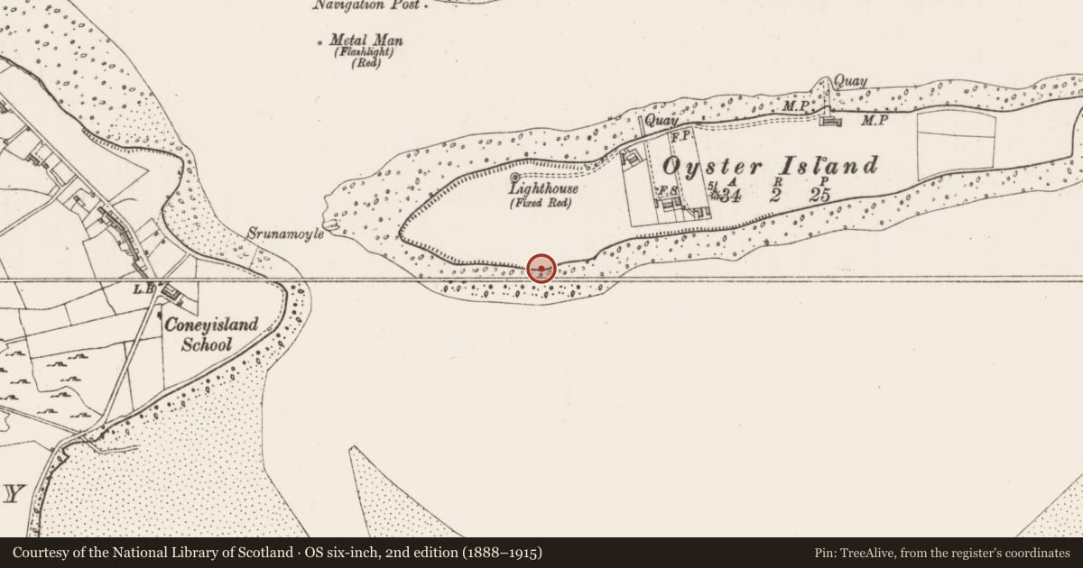 Ordnance Survey six-inch map, 2nd edition (1888–1915) covering the location of Hut site, Oyster Island, County Sligo, with a pin at the register's coordinates