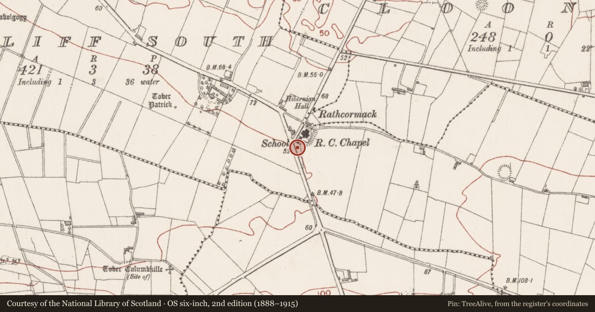 Ordnance Survey six-inch map, 2nd edition (1888–1915) covering the location of Bullaun stone, Drumcliff South, County Sligo, with a pin at the register's coordinates