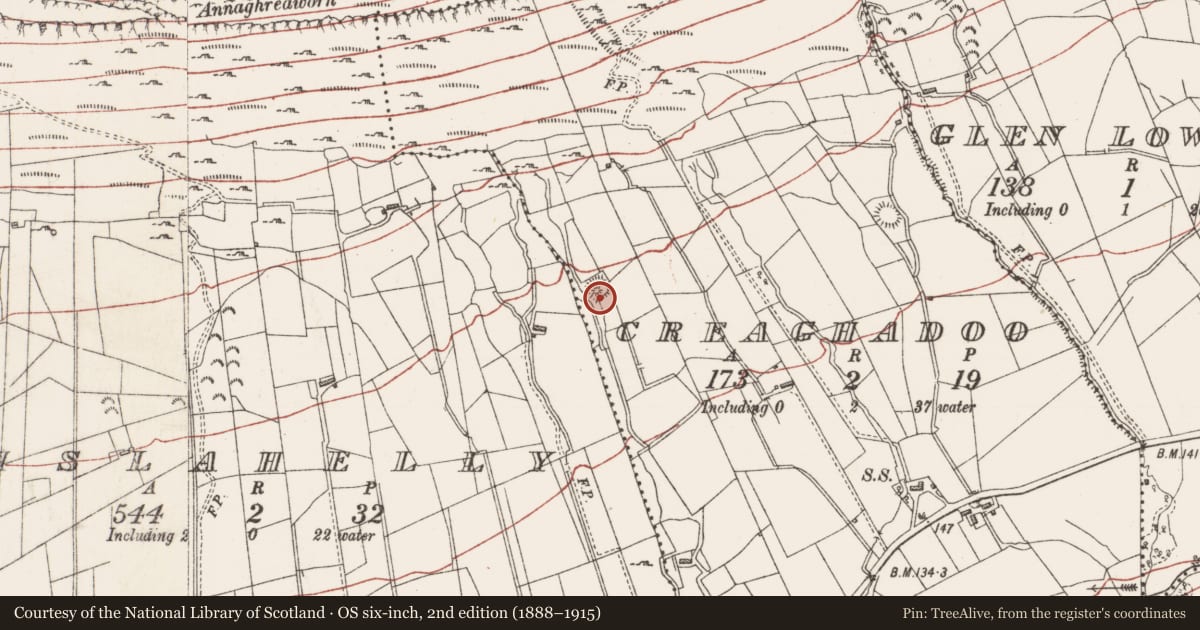 Ordnance Survey six-inch map, 2nd edition (1888–1915) covering the location of Souterrain, Creaghadoo, County Sligo, with a pin at the register's coordinates