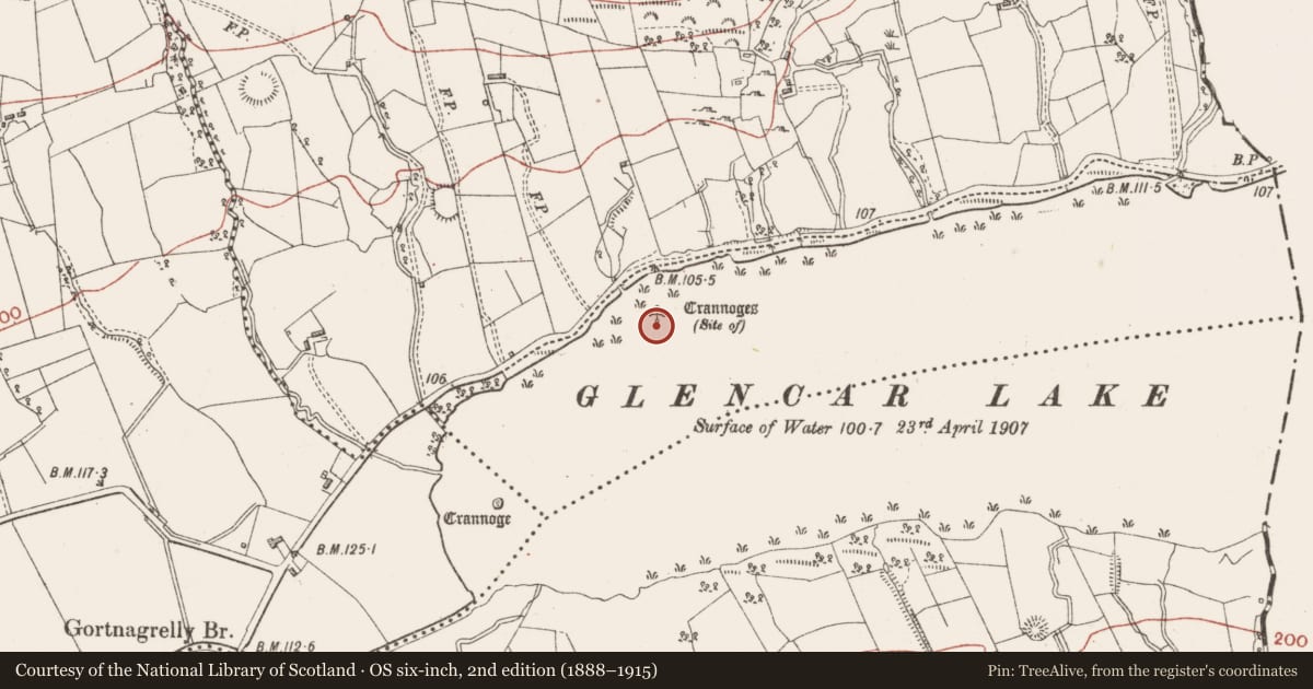 Ordnance Survey six-inch map, 2nd edition (1888–1915) covering the location of Crannog, Tormore, County Sligo, with a pin at the register's coordinates